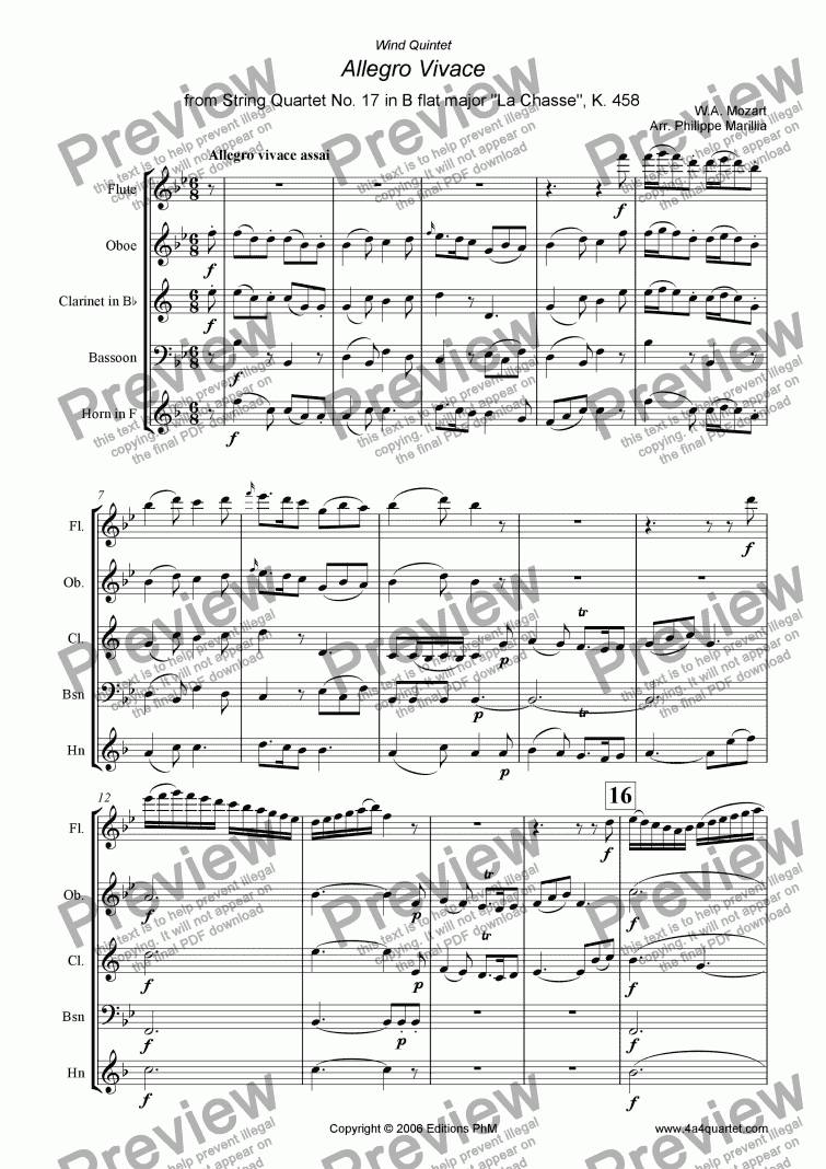 page one of Mozart - Allegro Vivace from K. 458 (Wind Quintet)