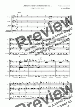 page one of Mozart Church Sonata KV245, arr. for string quartet (+organ  ad lib.)