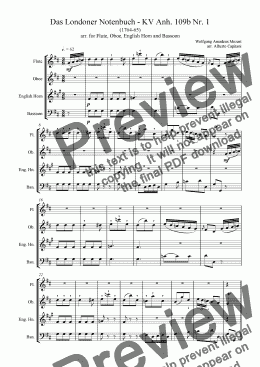 page one of Das Londoner Notenbuch - KV Anh. 109b Nr. 1 - arr. for Flute, Oboe, English Horn and Bassoon