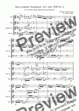 page one of Das Londoner Notenbuch - KV Anh. 109b Nr. 2 - arr. for Flute, Oboe, English Horn and Bassoon