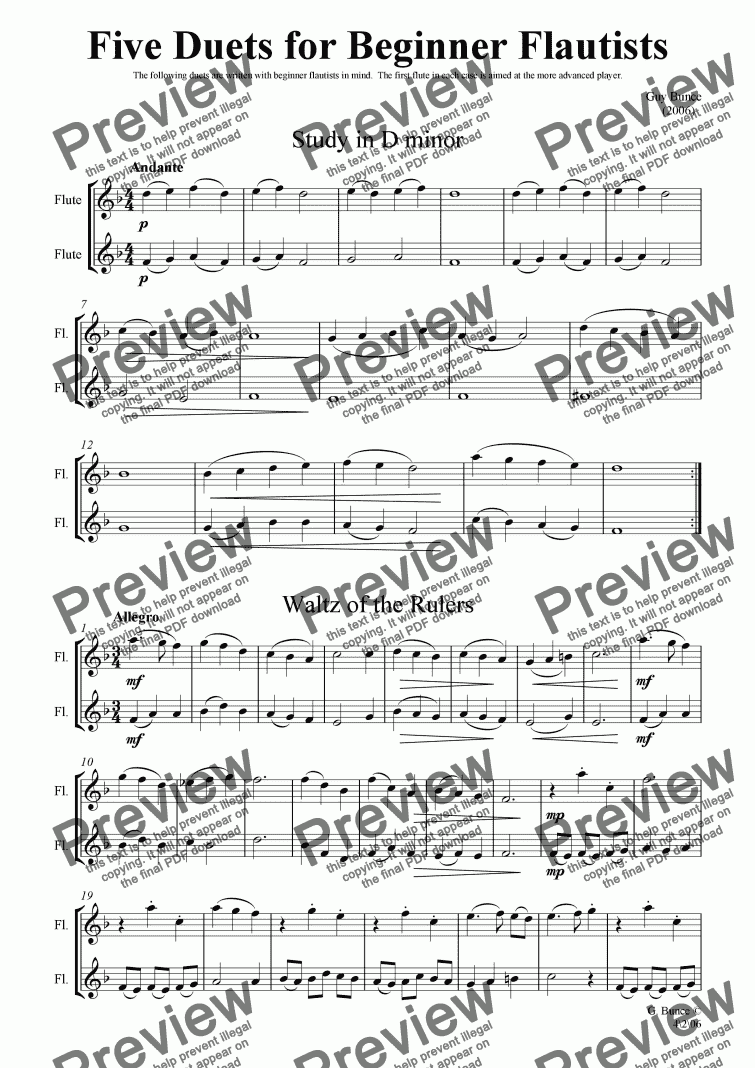 page one of Five Duets for Beginner Flautists