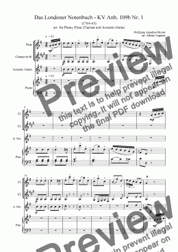 page one of Das Londoner Notenbuch - KV Anh. 109b Nr. 1 - arr. for Piano, Flute, Clarinet and Acoustic Guitar