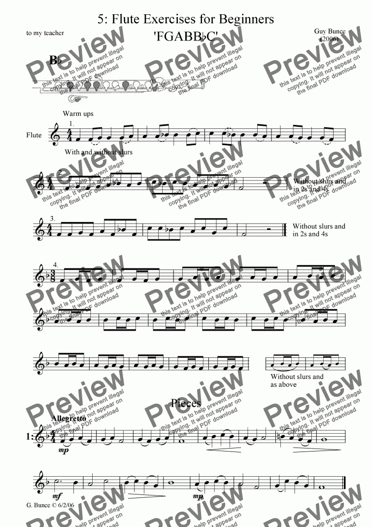 page one of 5: Flute Exercises for Beginners (F,G,A,Bb,B,C)