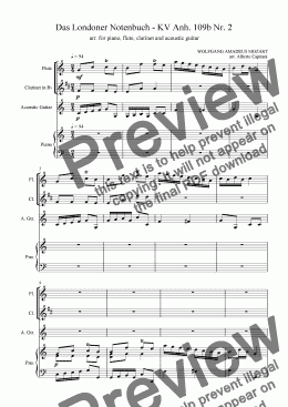 page one of Das Londoner Notenbuch - KV Anh. 109b Nr. 2 - arr. for piano, flute, clarinet and acoustic guitar