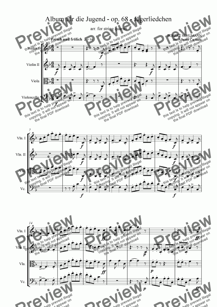 page one of Album für die Jugend - op. 68 - Jägerliedchen - arr. for string quartet
