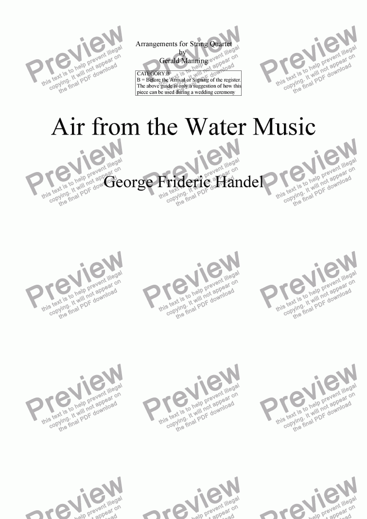 page one of HANDEL, G.F.- Air fron the Water Music - arr. for String Quartet by Gerald Manning