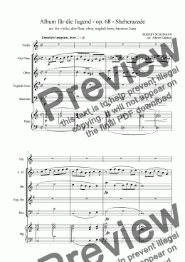 page one of Album für die Jugend - op. 68 - Sheherazade - arr. for violin, alto flute, oboe, english horn, bassoon, harp