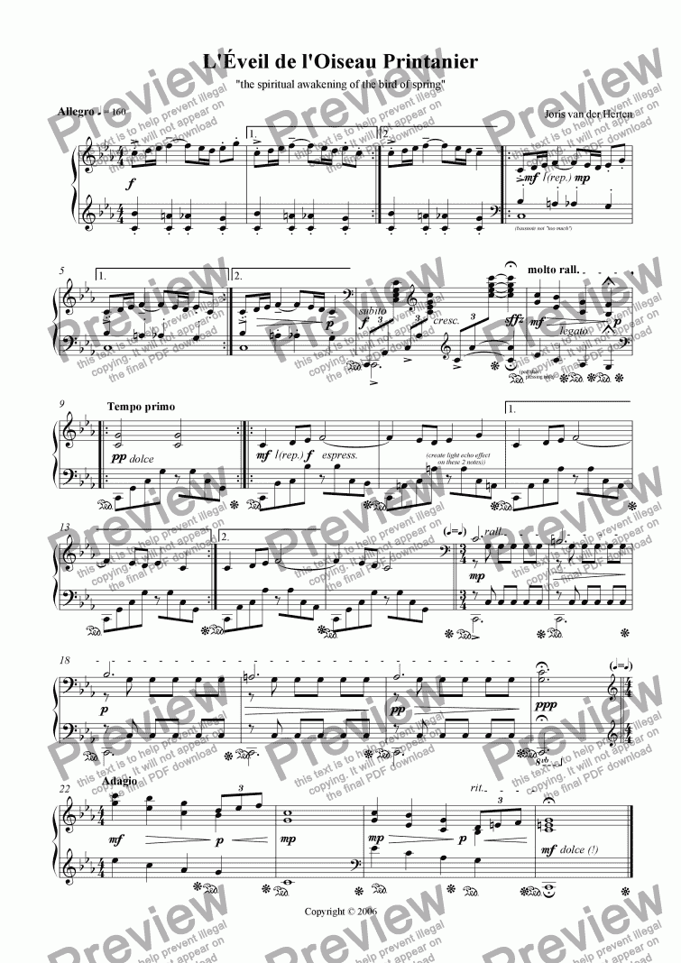 page one of The Awakening of the Bird of Spring (juvenilia, piano)