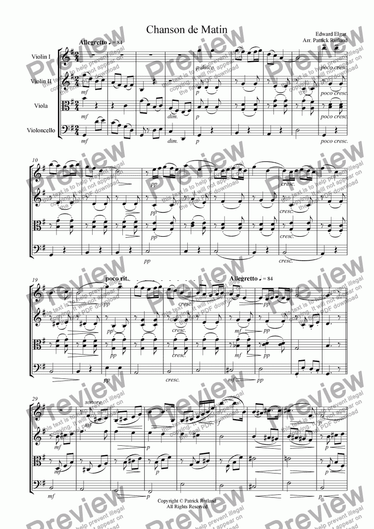 page one of Chanson de Matin Elgar for String Quartet