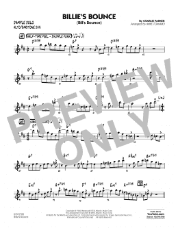 page one of Billie's Bounce - Alto Sax/Bari Sax Sample Solo (Jazz Ensemble)