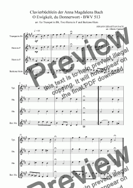 page one of Clavierbüchlein der Anna Magdalena Bach - O Ewigkeit, du Donnerwort - BWV 513 - arr. for Trumpet in Bb, Two Horns in F and Baritone Horn