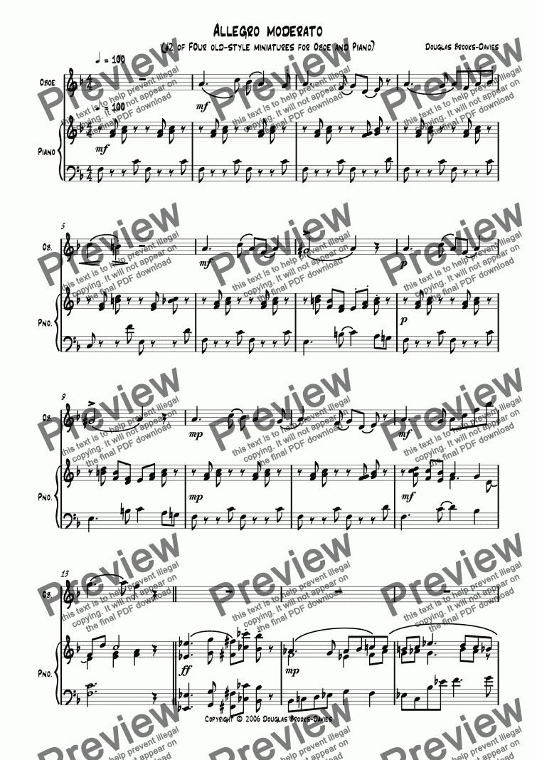 page one of Brooks-Davies: Allegro moderato (No 2 of Four Old-Style Miniatures for oboe and piano)