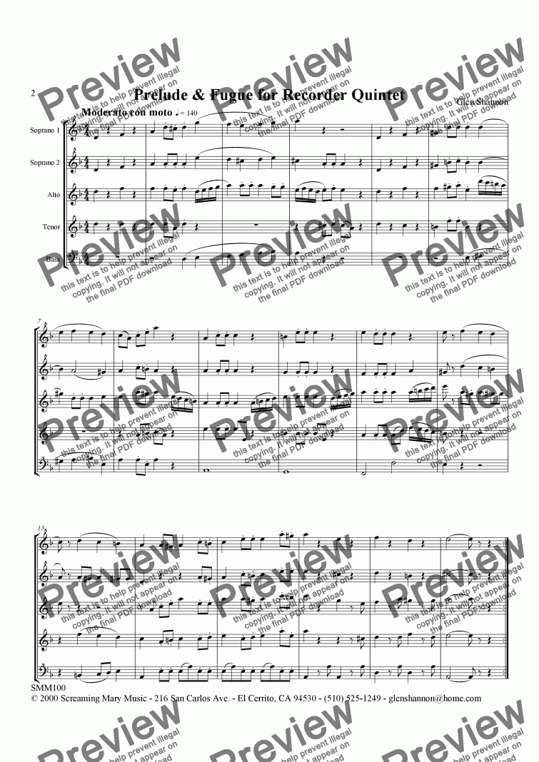 page one of Prelude & Fugue for Recorder Quintet