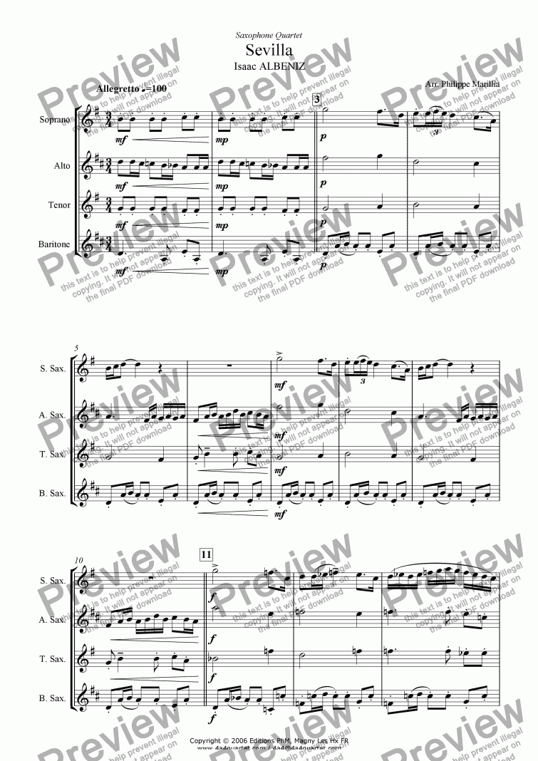 page one of Albeniz - Sevilla (Sax Quartet)