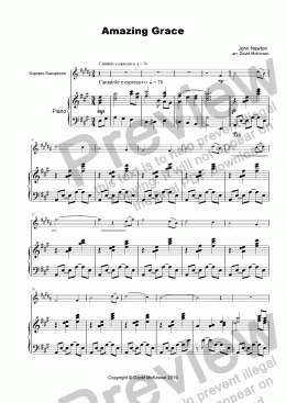 page one of Amazing Grace, Concert Solo for Soprano Saxophone and Piano