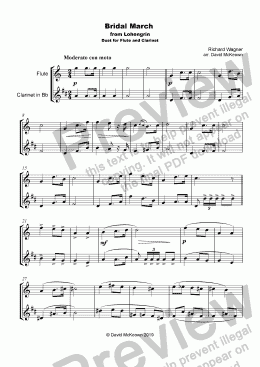page one of Bridal March, "Here Comes the Bride", for Flute and Clarinet Duet