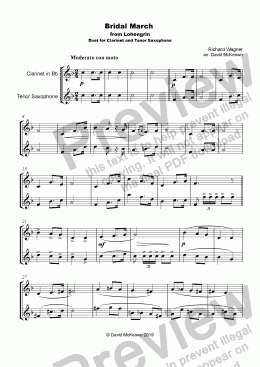 page one of Bridal March, "Here Comes the Bride", for Clarinet and Tenor Saxophone Duet