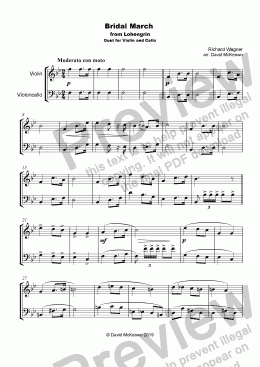 page one of Bridal March, "Here Comes the Bride", for Violin and Cello Duet