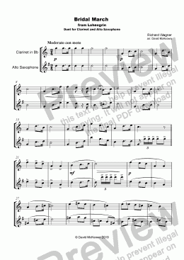 page one of Bridal March, "Here Comes the Bride", for Clarinet and Alto Saxophone Duet