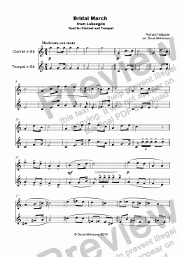 page one of Bridal March, "Here Comes the Bride", for Clarinet and Trumpet Duet