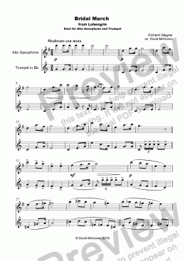 page one of Bridal March, "Here Comes the Bride", for Alto Saxophone and Trumpet Duet