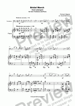 page one of Bridal March, "Here Comes the Bride", for solo Trombone and Piano