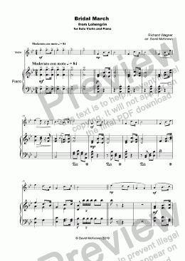 page one of Bridal March, "Here Comes the Bride", for solo Violin and Piano