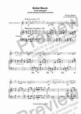 page one of Bridal March, "Here Comes the Bride", for solo Soprano Saxophone and Piano