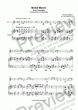 page one of Bridal March, "Here Comes the Bride", for solo Horn in F and Piano