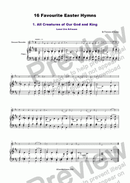 page one of 16 Favourite Easter Hymns for solo Descant Recorder and Piano