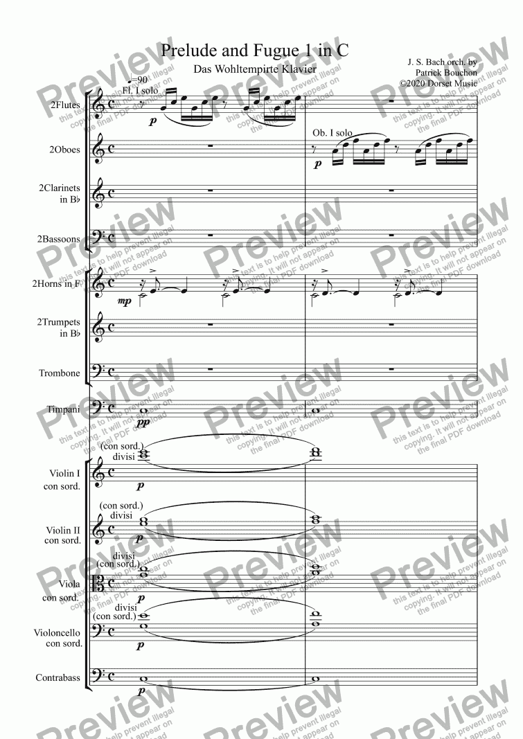 page one of Prelude and Fugue 1 in C by J. S. Bach for Orchestra