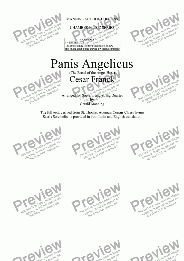 page one of FRANCK, C. - Panis Angelicus - arr. for Soprano & String Quartet by Gerald Manning