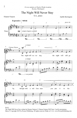 page one of The Night Will Never Stay (2-Part Choir)