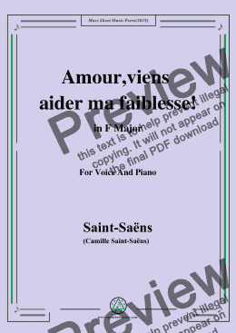 page one of Saint-Saëns-Amour,viens aider ma faiblesse,from 'Samson et Dalila',in F Major,for Voice&Pno