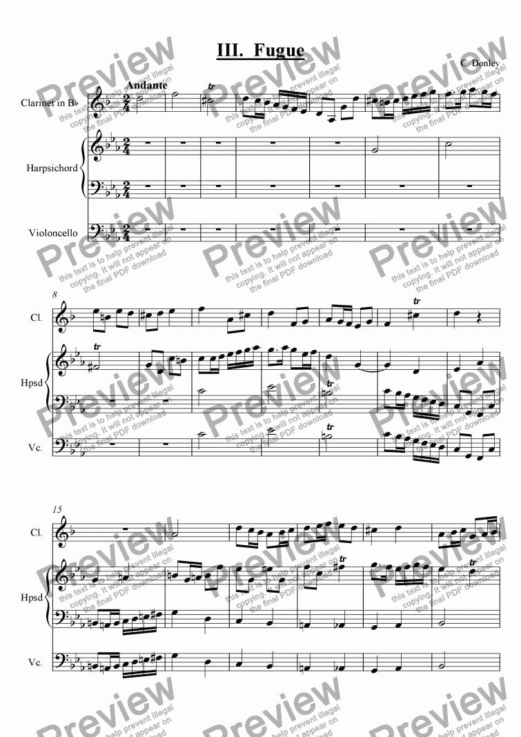 page one of Sonata for Clarinet in C Minor, Mvt. 3 (Fugue)