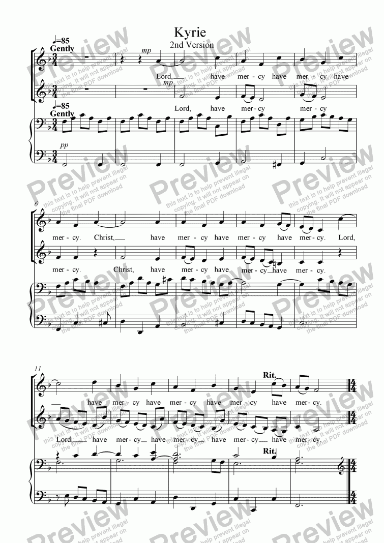 page one of Mass No.2 for 2 part choir