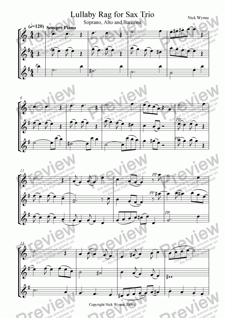 page one of Lullaby Rag for Sax Trio