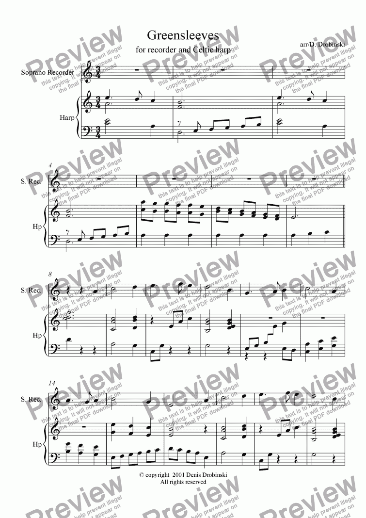 page one of Greensleeves (for recorder and Celtic harp)