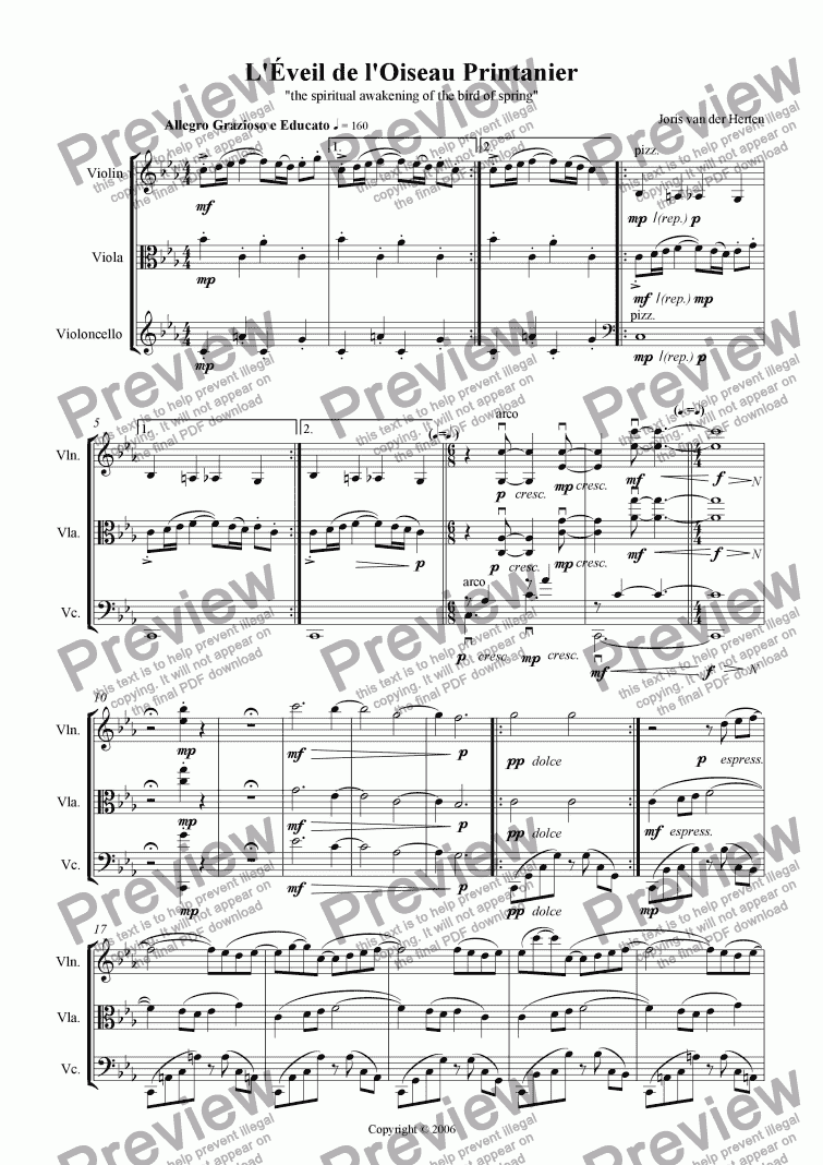 page one of The Awakening of the Bird of Spring (string trio)