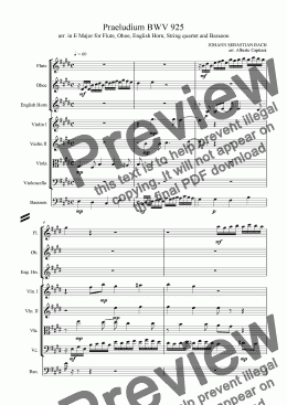 page one of Praeludium BWV 925 - arr. in E Major for Flute, Oboe, English Horn, String quartet and Bassoon
