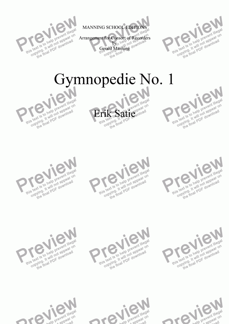 page one of Satie, E. - Gymnopedie No. 1 - arr. for Recorder Consort by Gerald Manning