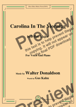 page one of Walter Donaldson-Carolina In The Morning,in D flat Major,for Voice and Piano