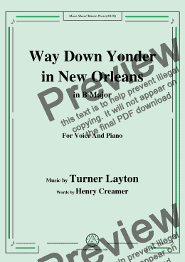 page one of Turner Layton-Way Down Yonder in New Orleans,in B Major,for Voice&Piano
