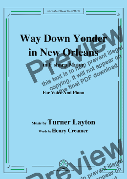 page one of Turner Layton-Way Down Yonder in New Orleans,in F sharp Major,for Voice&Piano