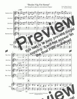 page one of Breden Väg För Herran (for Saxophone Quartet and optional Organ)
