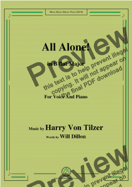 page one of Harry Von Tilzer-All Alone,in B flat Major,for Voice and Piano