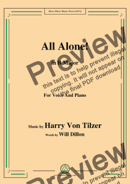 page one of Harry Von Tilzer-All Alone,in B Major,for Voice and Piano