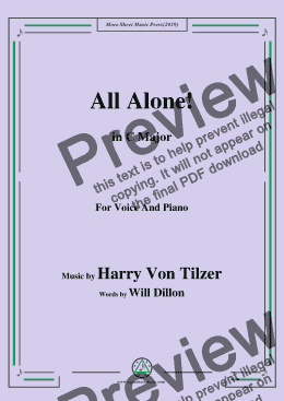page one of Harry Von Tilzer-All Alone,in C Major,for Voice and Piano
