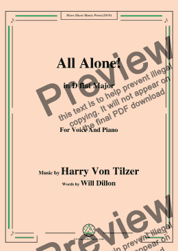 page one of Harry Von Tilzer-All Alone,in D flat Major,for Voice and Piano