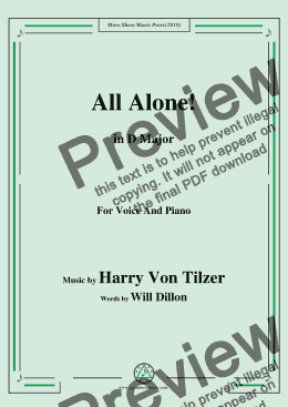 page one of Harry Von Tilzer-All Alone,in D Major,for Voice and Piano